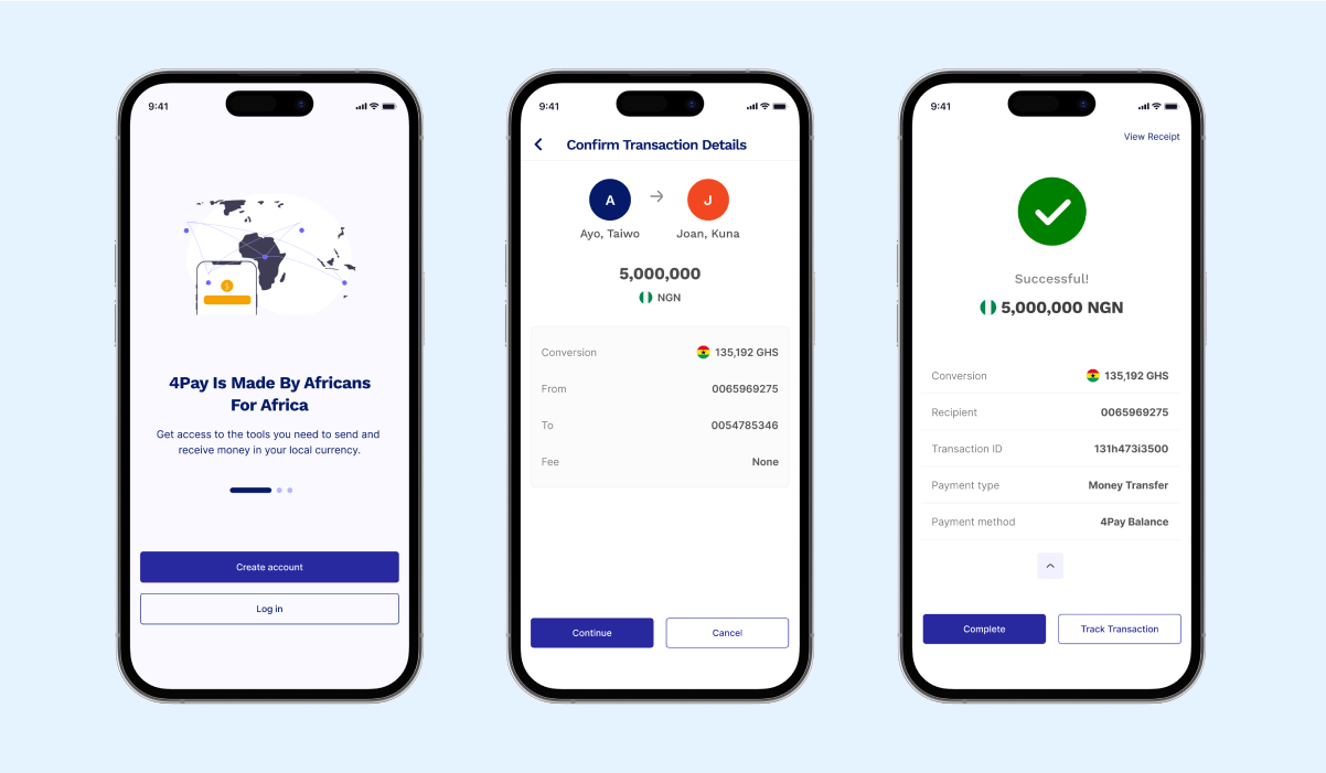 Welcome, and Transaction screens on 4pay web app