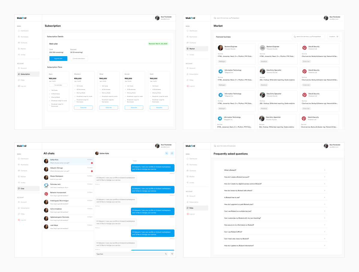 Subscription, Market, Chat and FAQ screens on Blukard web app
