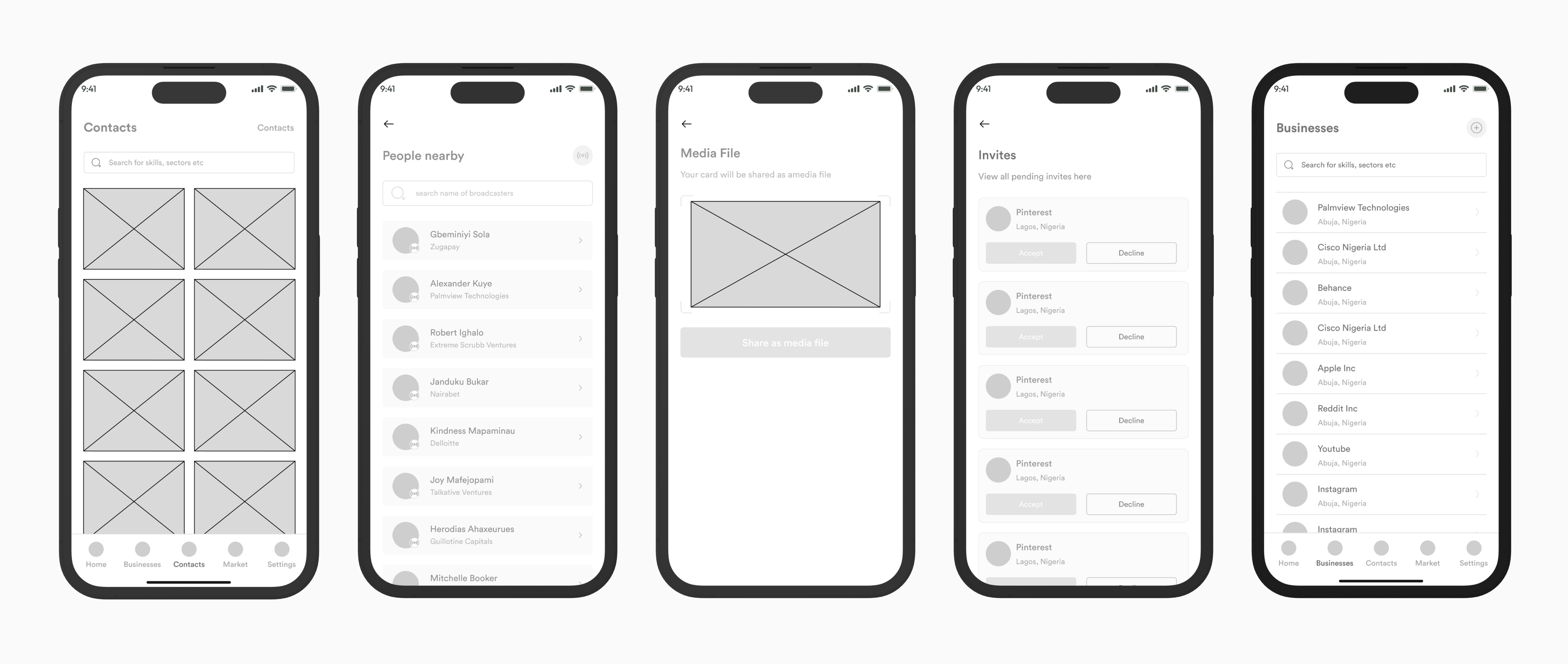 More wireframes of the mobile app