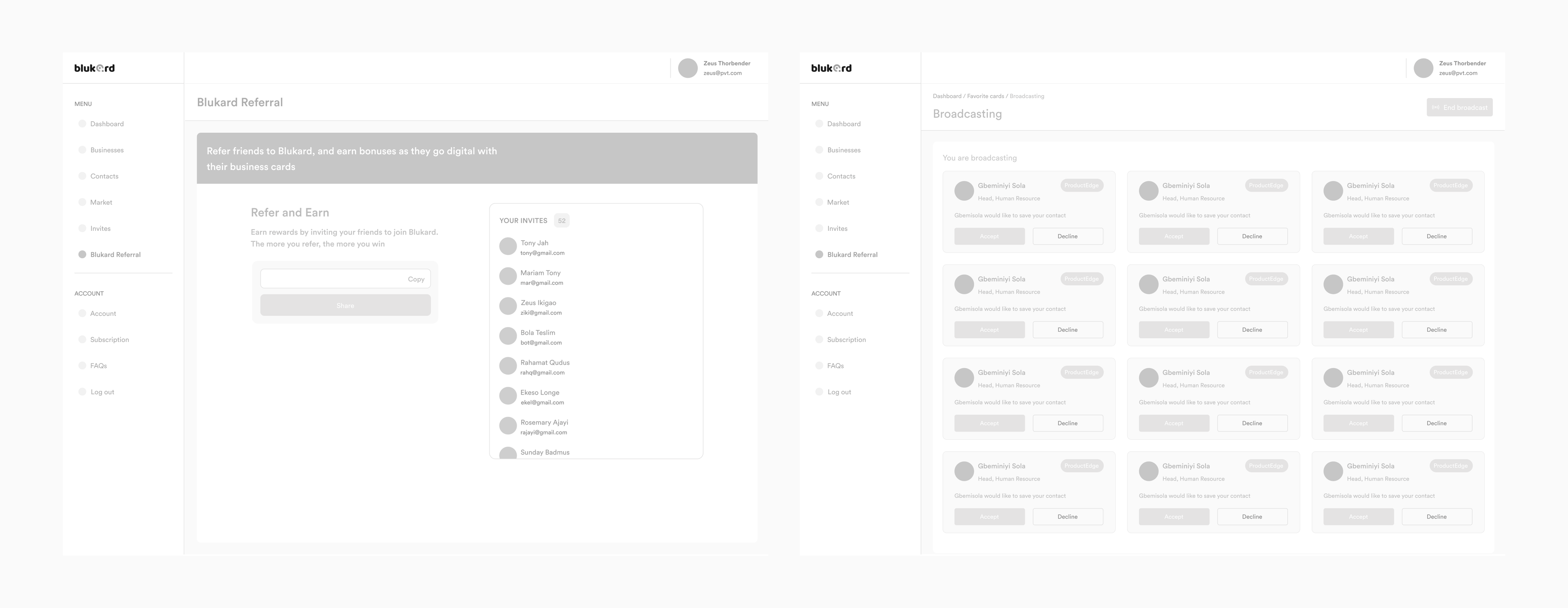 Wireframes of the web app