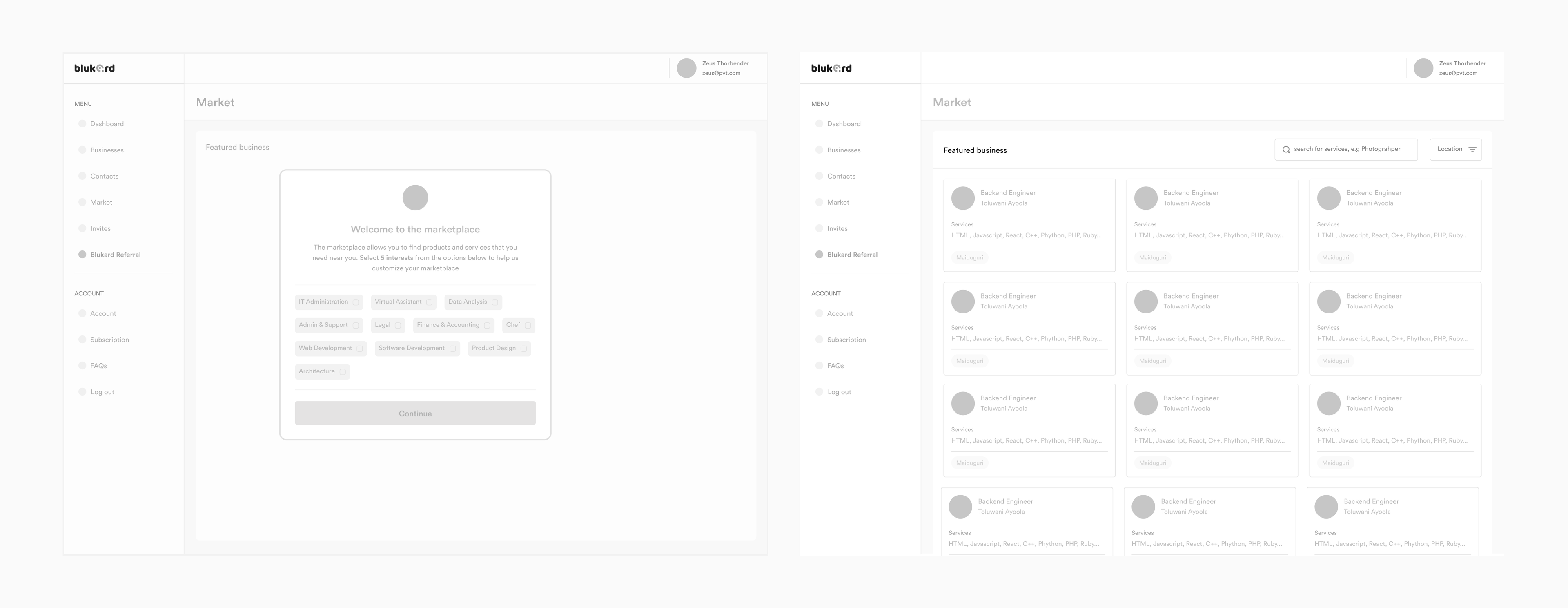 More wireframes of the web app