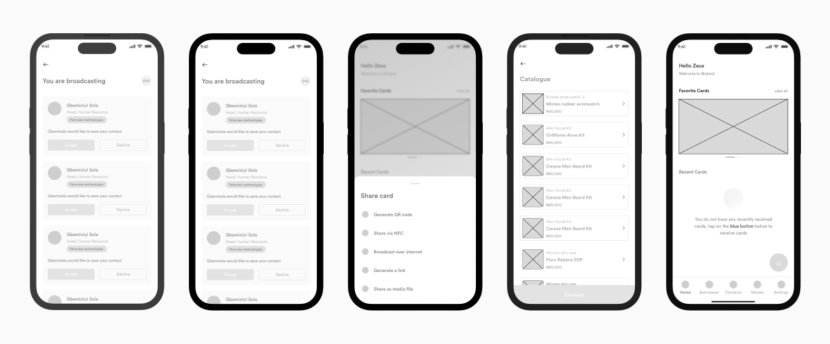 Wireframes of the mobile app