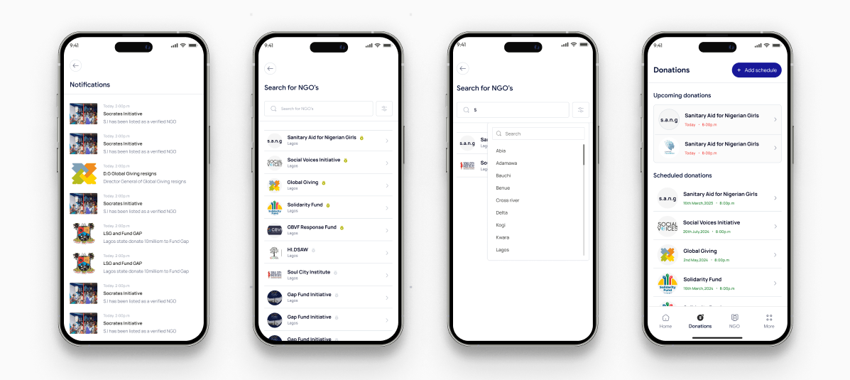 Notifications, NGO Search and Donations screens