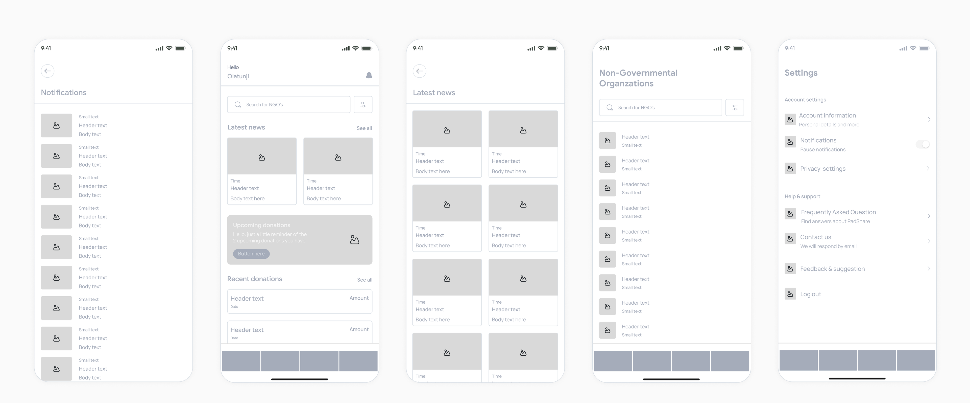 Wireframes of inner screens