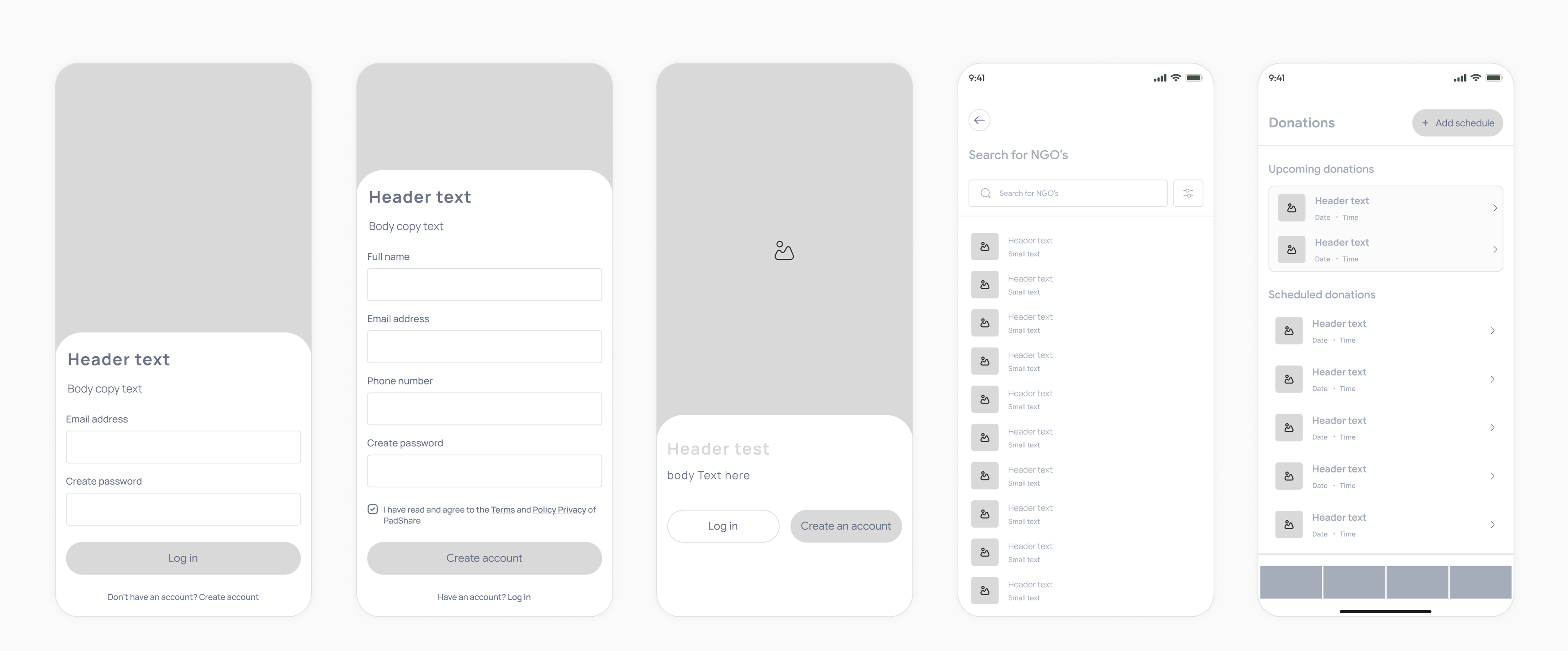 Wireframes showing sign up process